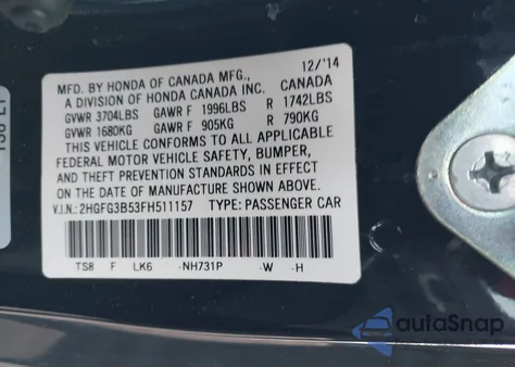 2015 Honda Civic Lx z USA, uszkodzony, nr VIN 2HGFG3B53FH511157